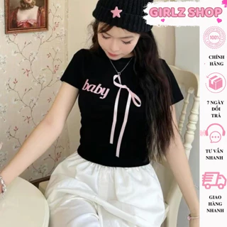 Áo babytee nữ ngắn tay cổ tròn in chữ BaBy đinh kèm nơ GirlZ Shop, Áo thun nữ form rộng tôn dáng chất borip dày mịn -A30