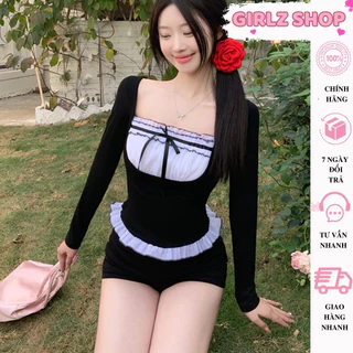 Áo kiểu nữ tay dài cổ vuông viền bèo đính nơ trước ngực GirlZ Shop, Áo thun nữ dáng dài chất gân tăm phong cách tiểu thư