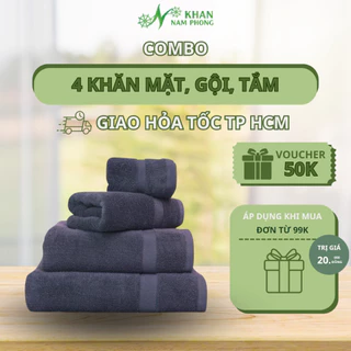 Combo 4 Khăn 28x50,34x80, 60 x 120 - 2 Mặt,1 Gội,1 Tắm Cao Cấp - Sợi Cotton Mềm Mịn - Khăn Nam Phong