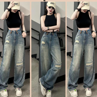 Quần jeans ống suông ống rộng phối rách phong cách retro cá tính. Quần bò suông lưng cao hách dáng hot hit