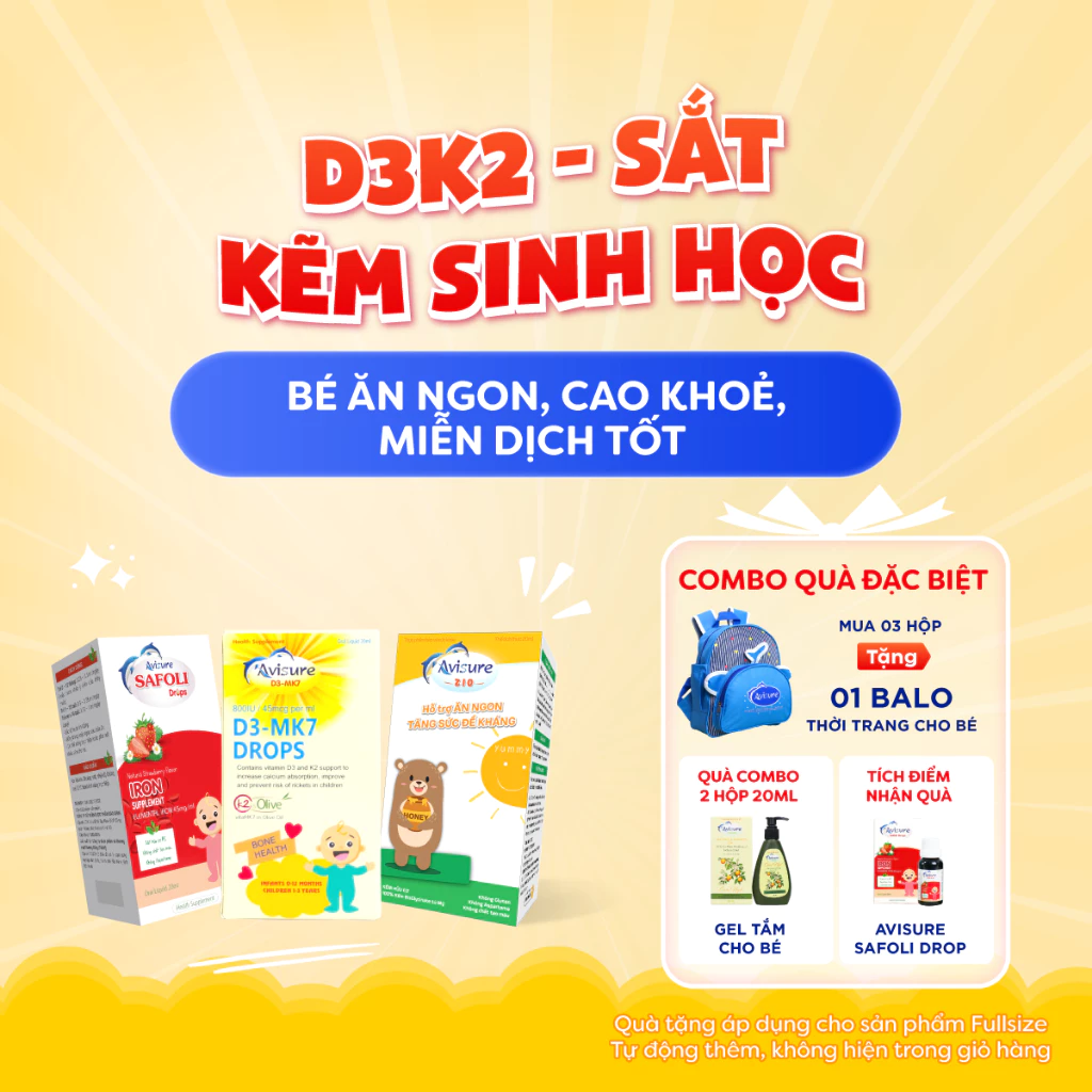 Combo Kẽm - Sắt hữu cơ - D3 K2 nhỏ giọt Avisure hỗ trợ hấp thu canxi, con ăn ngon, tăng cân đều