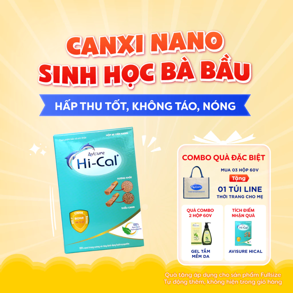 Canxi Bà Bầu Avisure Hical Canxi Sinh Học - Canxi Nano Hàm Lượng Cao, Hạn Chế Táo Nóng Cho Bà Bầu Và Sau Sinh 60 Viê