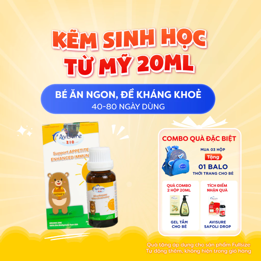 Siro Kẽm Hữu Cơ Cho Bé Avisure ZiO 20ml Kẽm Cho Bé Cải Thiện Biếng Ăn, Tăng Đề Kháng (80 ngày dùng)