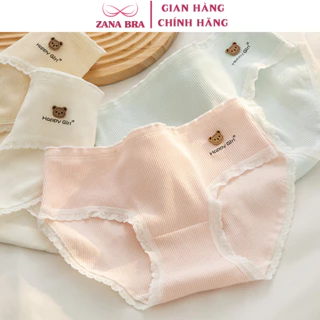 Quần lót nữ cotton gân tăm đáy may 2 lớp dễ chịu, Quần chip nữ phối viền ren họa tiết đính gấu nhỏ xinh xắn ZANABRA LY16