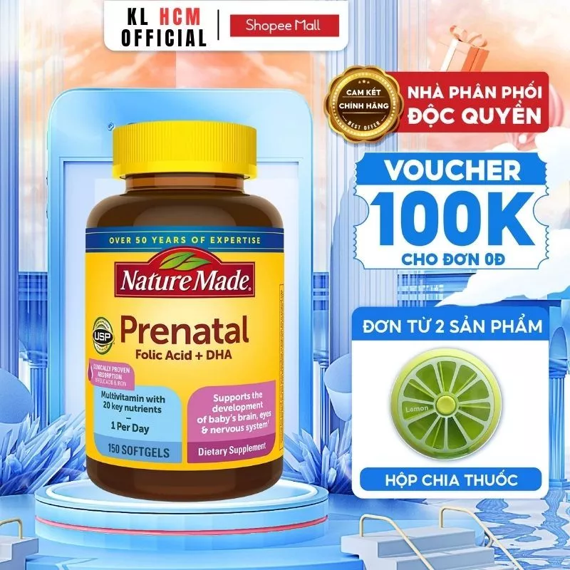 Vitamin tổng hợp cho mẹ bầu Nature Made Prenatal Multi + DHA 150 viên của Mỹ bổ sung 23 loại vitamin khác nhau mẹ bầu