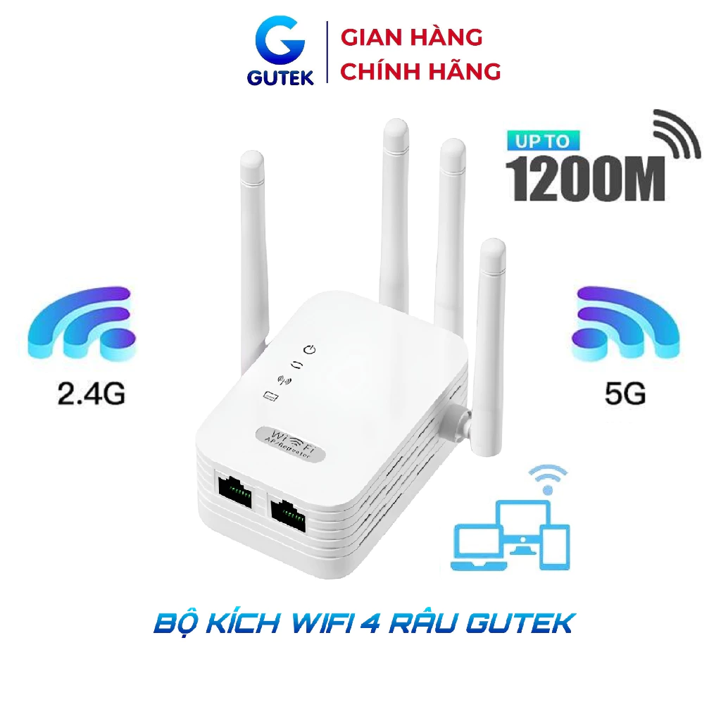 Bộ kích sóng wifi 4 râu Gutek KS1 tốc độ 300mbps 1200mbps phát xuyên tường kết nối xa sóng mạnh