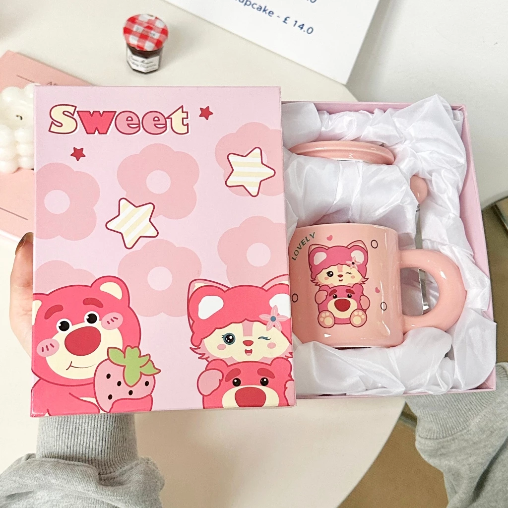 quà tặng Ly sứ uống nước hình Gấu dâu 400ml quà tặng cho bạn Hộp quà cao cấp+túi CMX 02