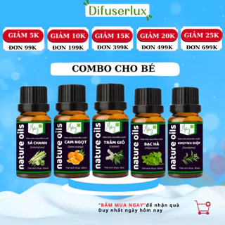 [Combo cho bé] Combo cho bé gồm 5 loại tinh dầu Mây 10ml:Cam ngọt, Khuynh diệp, Tràm, Bạc hà, Sả chanh 10ml