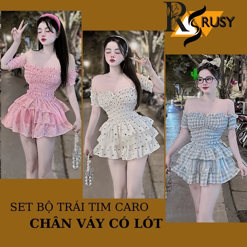 Set Bộ Trái Tim Nơ Caro Áo Trễ Vai Nhún Ngực Mocking Rớt Tay Ngắn + Chân Váy Tầng Có Lót Quần Bí RUSY