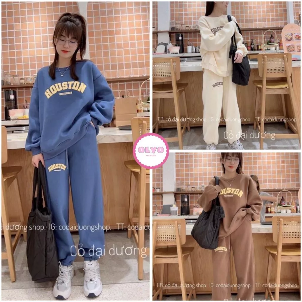 Bộ nỉ chữ Houstdn - Set đồ ngủ quần ống bo gấu kèm áo dài tay form rộng