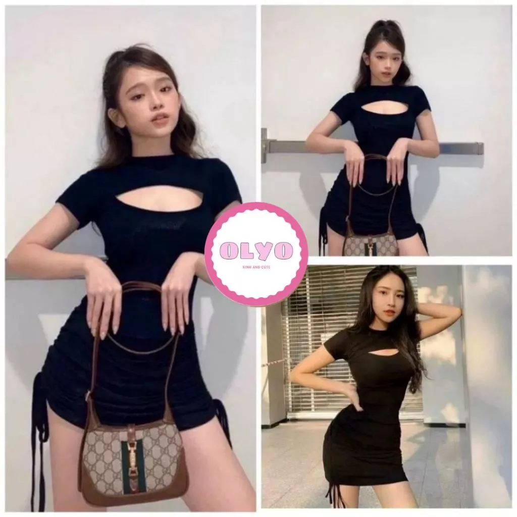 Đầm khoét ngực rút dây eo body dáng ôm nữ - Váy cộc tay sexy vạt bầu ngắn trên gối, bánh bèo tiểu thư ulzzang