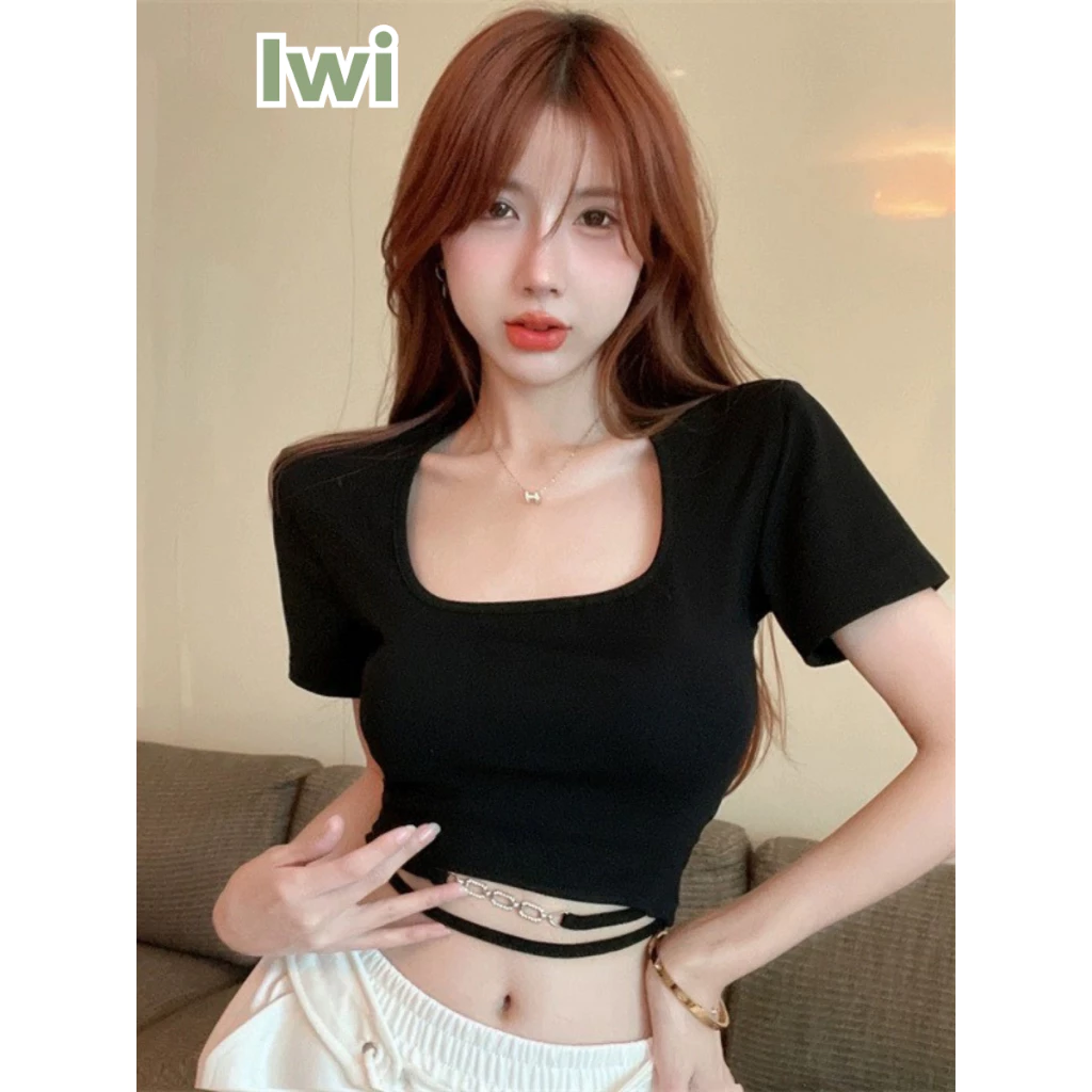 Áo Croptop Nữ Tay Ngắn Cổ Vuông IWI SHOP Phối Dây Xích Hở Eo Siêu Xinh - A135.IW