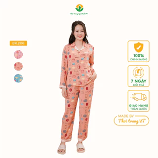 Bộ mặc nhà Pijama lanh nữ thời trang Việt Thắng quần dài, áo dài tay họa tiết dễ thương - B10.2308