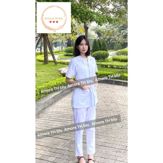 Áo Blue, Blouse trắng Dáng Ngắn Ngang Đùi - Nam Nữ - Cộc Tay Vải cotton Dành Cho Y Tá, Dược Sĩ, Điều Dưỡng