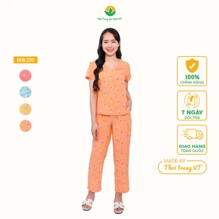 Bộ pijama lanh mặc nhà nữ mùa hè Việt Thắng, quần dài, áo cộc tay - B08.2311