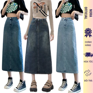 Chân váy jeans dài Avocado cạp cao dáng chứ A xẻ tà phong cách Ulzzang