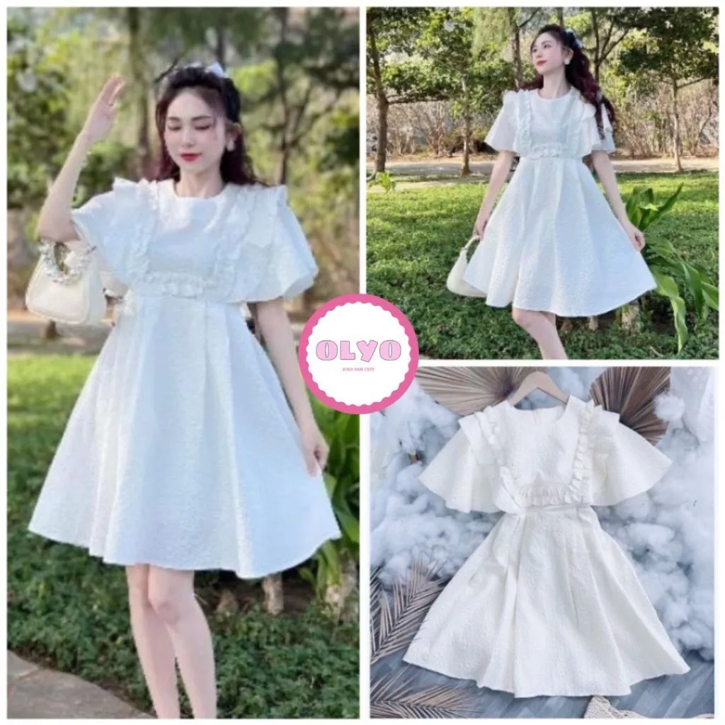 Váy xốp cổ vuông dáng xòe,bánh bèo dễ thương váy 3 lỗ nơ