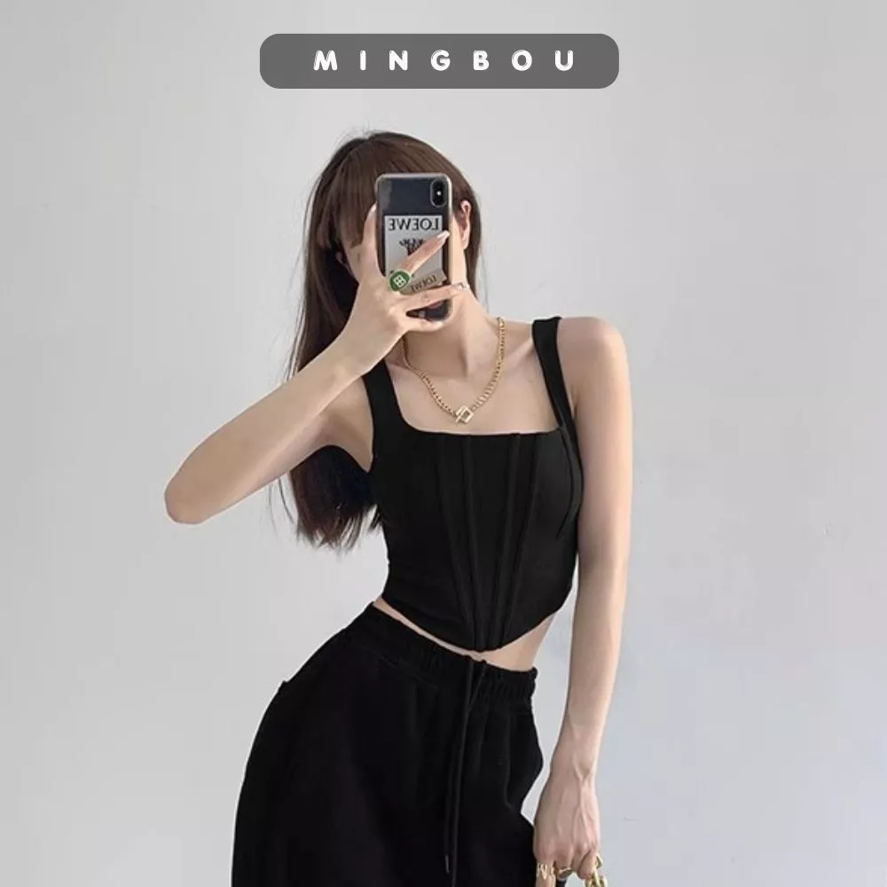 Áo croptop 2 dây cổ vuông thun gân CỰC DÀY vạt bầu, Áo croptop Corset thun gân CỰC DÀY vạt bầu, áo hai dây cổ vuông MING