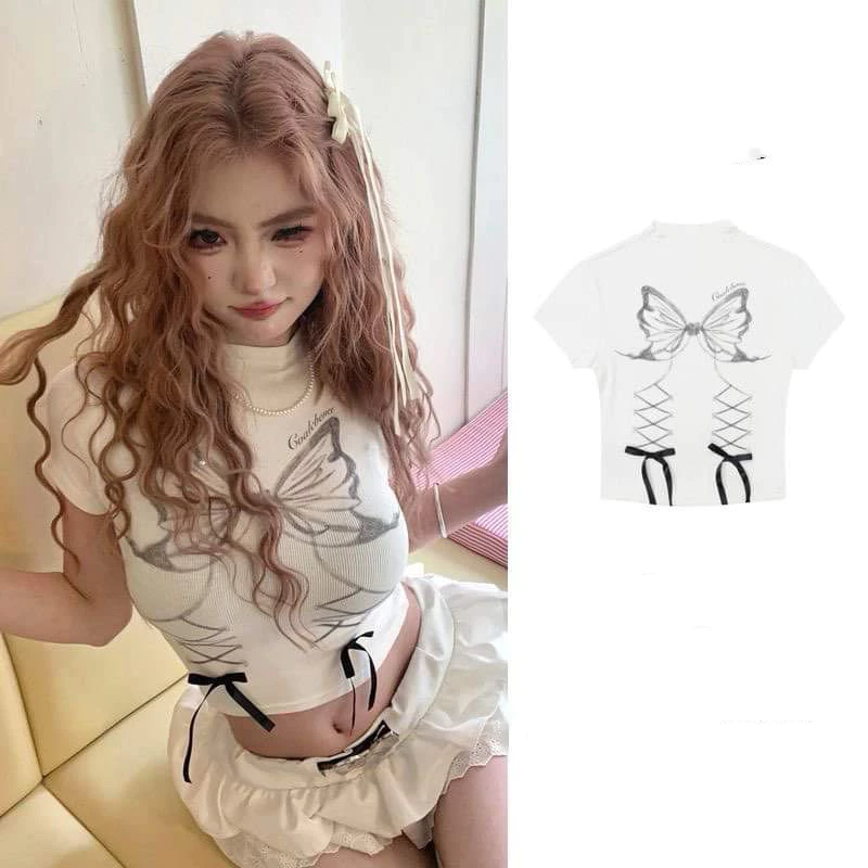 Áo croptop ôm body tay ngắn form baby tee cổ 3 phân đính nơ coquette in butterfly