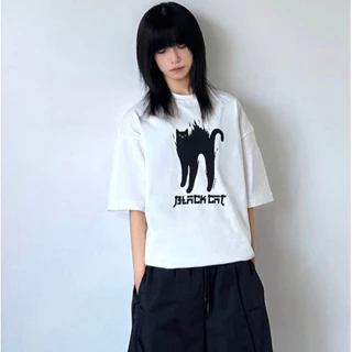 Áo Thun MÈO BLACK CAT Nam Nữ Ulzzang Unisex Form Rộng Tay Lỡ trending xu hướng Fashion