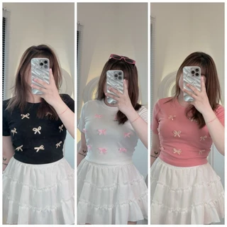 [Bigsize 60_90kg] Áo thun croptop đính nơ