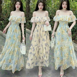 Đầm maxi trễ vai thời trang nữ dự tiệc chất voan hoa phối bèo ngực chạy smocking vai dáng váy chữ A dài maxi trẻ trung