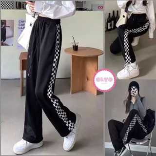 Quần jogger unisex ống suông phối viền caro kẻ sọc phong cách hàn quốc