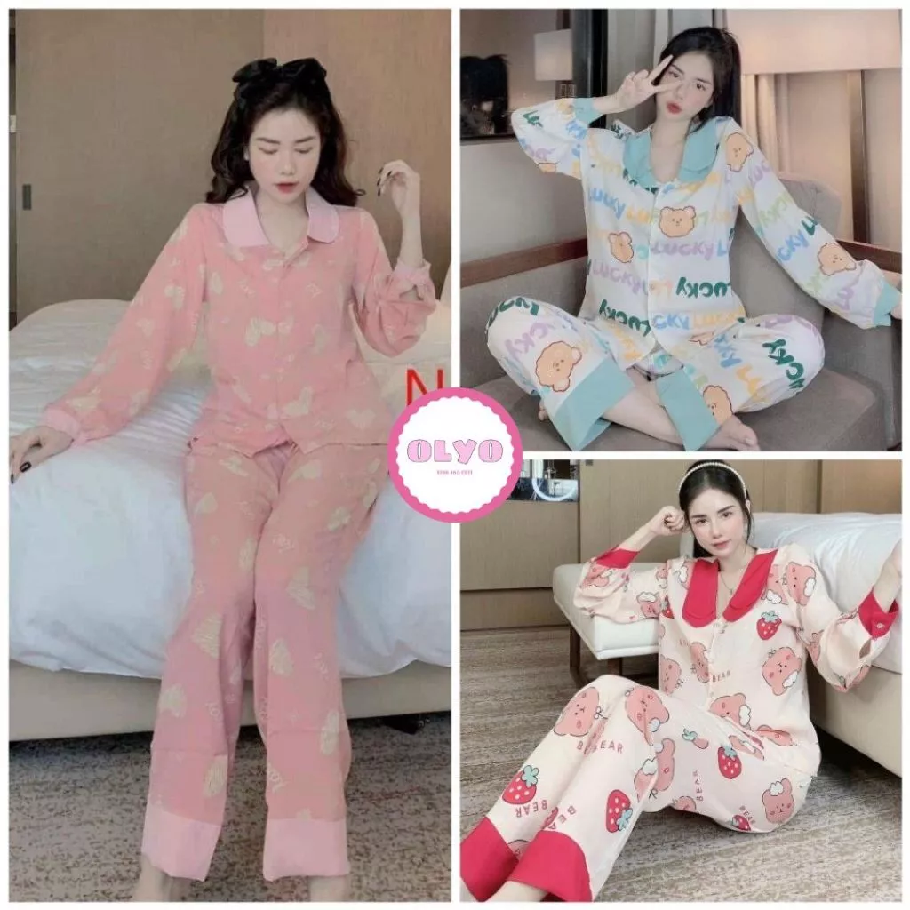 Bộ pijama DÀI DÀI cho nữ phối cổ sen, bộ đồ ngủ mặc nhà pijama kate thái tay dài quần dài nhiều hoạ tiết