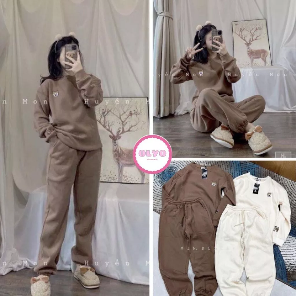 Bộ nỉ thêu chó shiba dài tay nữ - Set đồ ngủ quần ống bo gấu kèm áo sweater màu trắng, nâu mặc ở nhà đẹp ulzzang