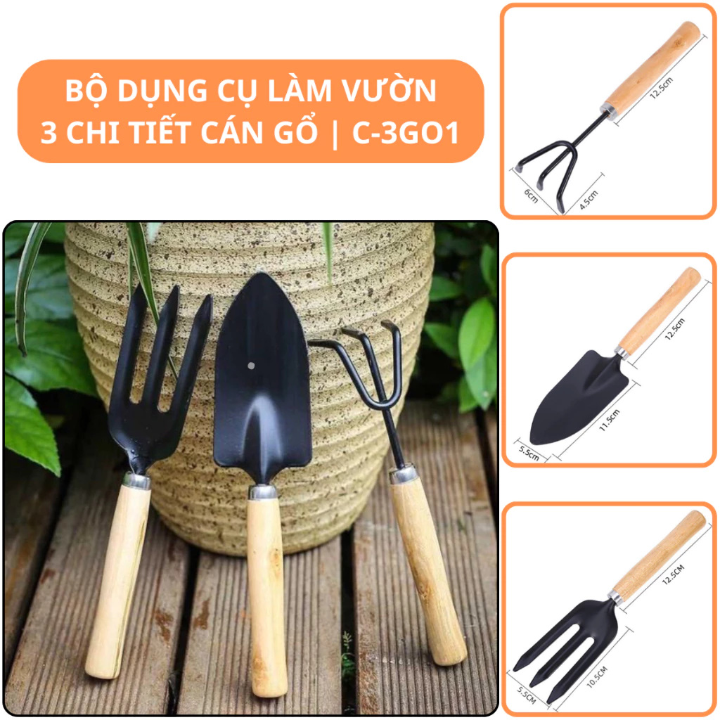 Dụng Cụ Làm Vườn 3 món, Dài 25cm, Thép, Cán Gỗ, Gồm Xẻng Xúc Đất, Cào, Chĩa, Trồng Cây, Làm Cỏ Dễ Dàng