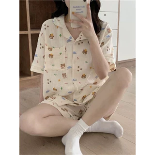 [ THANH LÝ ] Bộ Đồ Ngủ Nữ Pijama Mặc Nhà Cộc Tay Mùa Hè Hoạ Tiết Quả Cam Mặt Cười Chất Vải Đũi Xốp, Bộ Đồ Ngủ Nữ Mặc Nhà