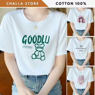 Áo thun nữ form vừa màu TRẮNG, hình in đa dạng - Áo phông nữ CHALLA chất Cotton 100% mềm mịn LA008