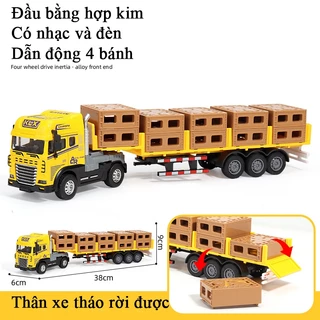 Đồ chơi xe vận tải sơ mi rơ móc kèm nhiều thùng hàng đầu hợp kim có nhạc và đèn dài 38 cm