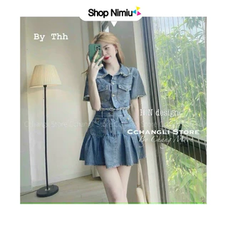 Sét váy thời trang nữ mặc đi chơi dạo phối chất jeans cao cấp Quảng Châu sơ mi tay ngắn crotop mix chân váy xếp ly ngắn