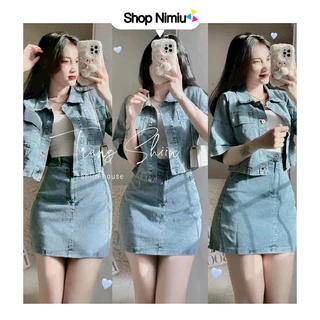 Sét váy thời trang nữ  KÈM LÓT mặc đi chơi chất jeans sơ mi tay ngắn crotop mix chân váy chữ A style Hàn