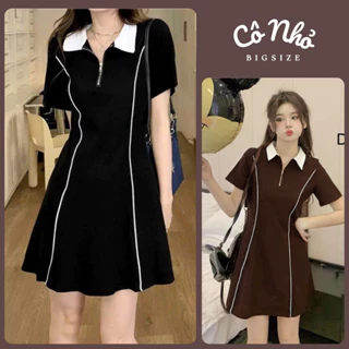 Đầm Polo Bigsize Nữ Cổ Bẻ Trắng Váy Xòe Ngắn Kẻ Viên Hai Bên Hách Dáng Vải Thun Gân G93