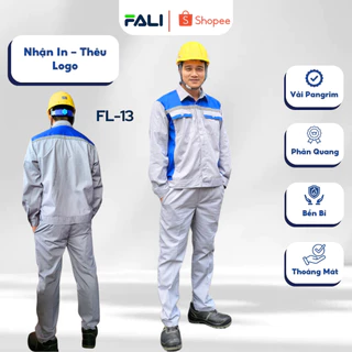 Bộ quần áo bảo hộ FL-13 vải Kaki Pangrim Hàn Quốc màu ghi xám, quần áo bảo hộ lao động có 2 túi hộp cho kỹ sư, công nhân