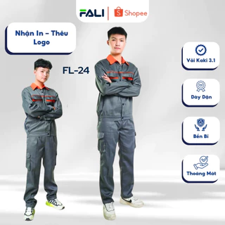 Bộ quần áo bảo hộ FL-24 vải Kaki 3.1 màu ghi, quần áo bảo hộ lao động có 2 túi hộp cho kỹ sư, công nhân công trình