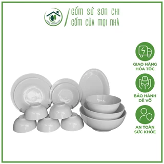 BỘ 13 món TÔ CHÉN DĨA TRẮNG DÀY gốm sứ dùng cho quán (Trọn bộ gồm 5 chén cơm, 5 size dĩa, tô bầu 3 size)