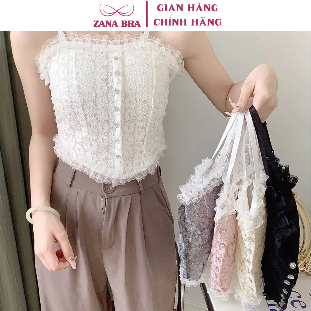 Áo 2 dây ren dáng lửng - Áo bra nữ mút mỏng, đính cúc lưng chun ZANABRA B2166