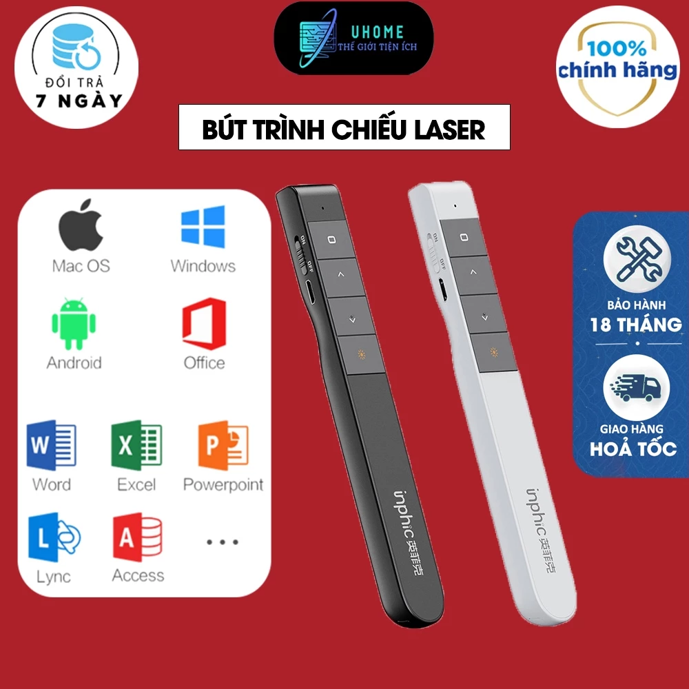 Bút Trình Chiếu Powerpoint Thuyết Trình Laser UHOME Inphic L1P Chiếu Slide Điều khiển 2 Màn Hình / Pin Sạc / Xa 100m