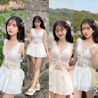 Set Áo Croptop Và Chân Váy SET CROP TRẮNG XÔ REN CỘT DÂY NGỰC + CHÂN VÁY  XOÈ FORM NGẮN