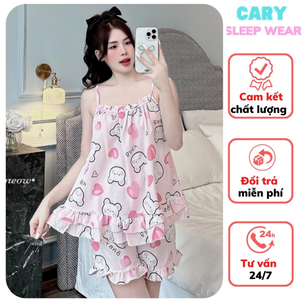 Đồ bộ ngủ hai dây chất đũi xốp mặc nhà mùa hè dễ thương CARY