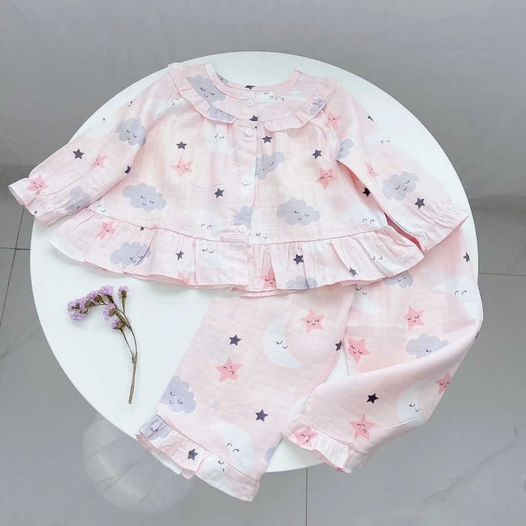 Pijama cho bé gái dài tay mặc ngủ điều hòa babydoll Áo Lá Homewear A050, đồ ngủ trẻ em vải xô đũi cotton