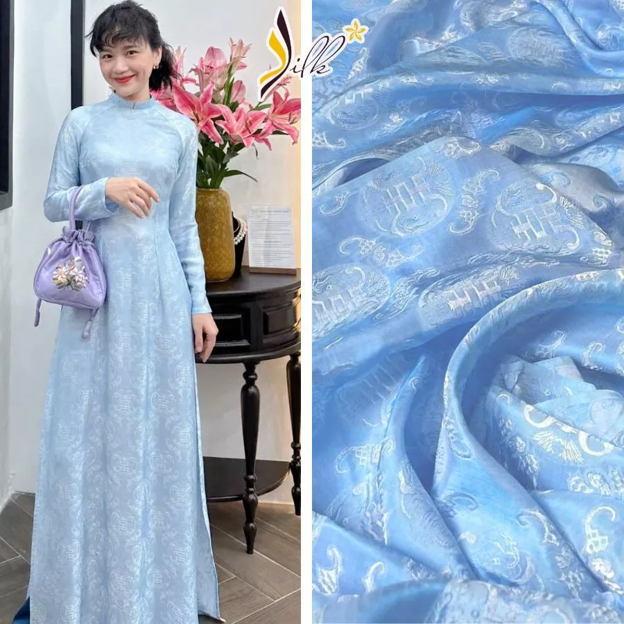 Lụa may áo dài- SILK – hoa văn thọ dơi màu xanh nước biển nhạt -TR06