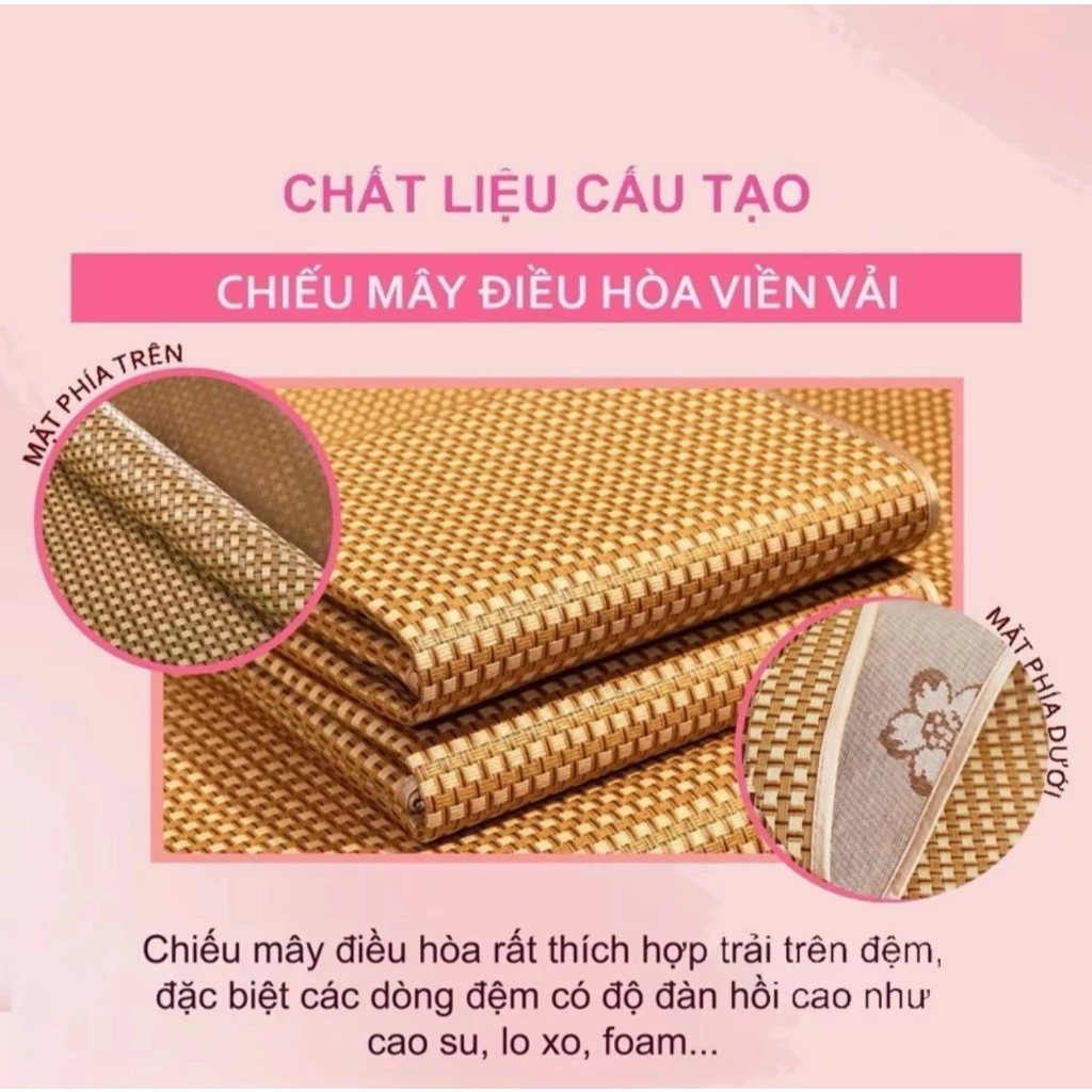 Chiếu lụa mây 1m2,1m4, 1m5, 1m6, 1m8, 2m2 thoáng khí - Chiếu điều hòa có đai cài nệm không kèm vỏ gối Kiều Phi