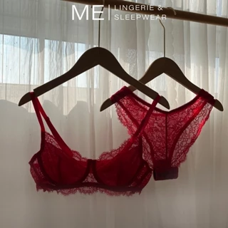 Lingerie Bộ đồ lót ren nữ áo ngực có gọng không mút có khe thêm mút quần lót cánh tiên đỏ viền mi Melingerie &Sleepwear