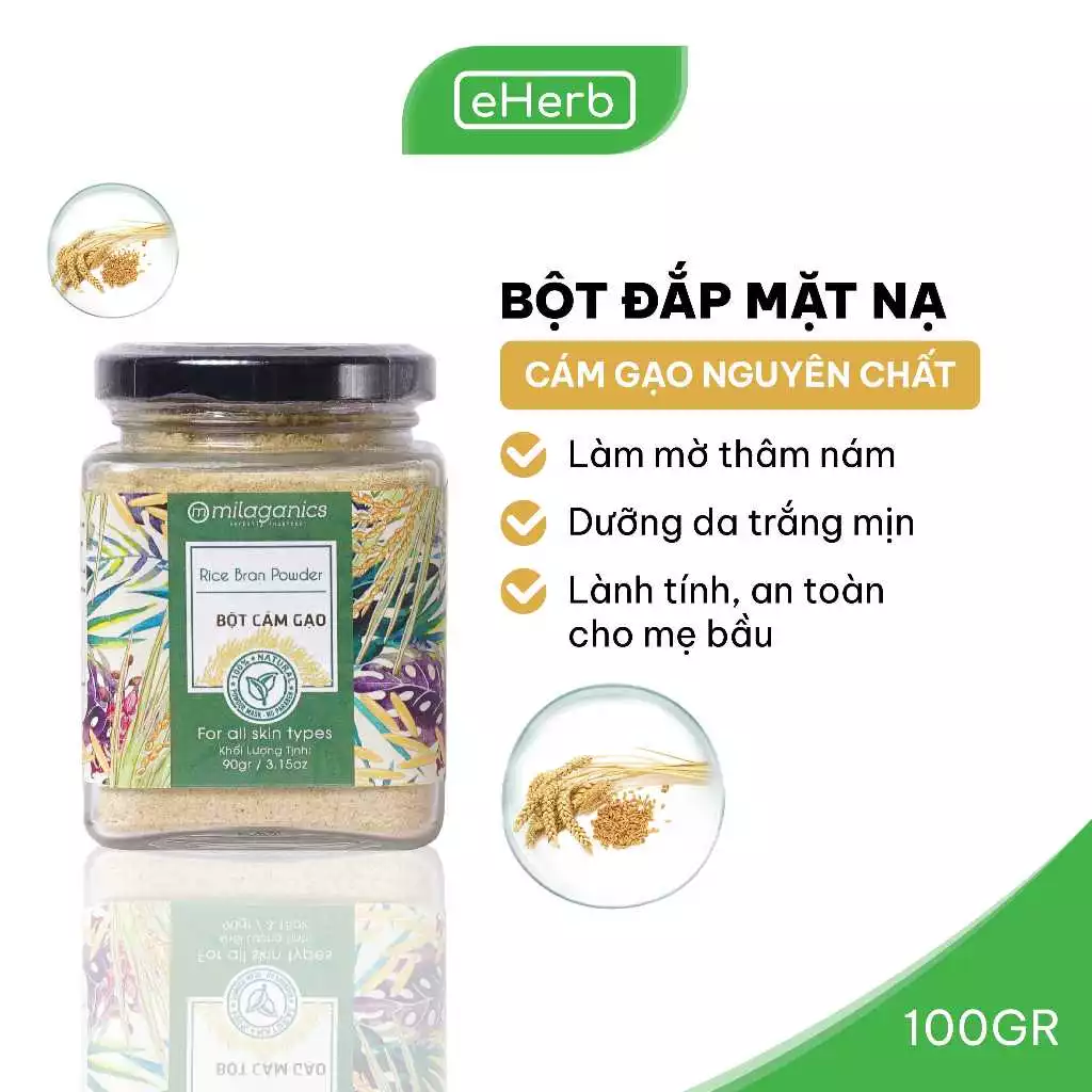 Bột Cám Gạo Nguyên Chất Đắp Mặt Nạ Dưỡng Da Trắng Mịn, Giảm Nám MILAGANICS 90g (Hũ)