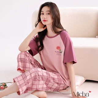 Bộ đồ nữ mặc nhà mặc ngủ cotton 100% cao cấp dáng quần lửng áo ngắn tay - Micha B24