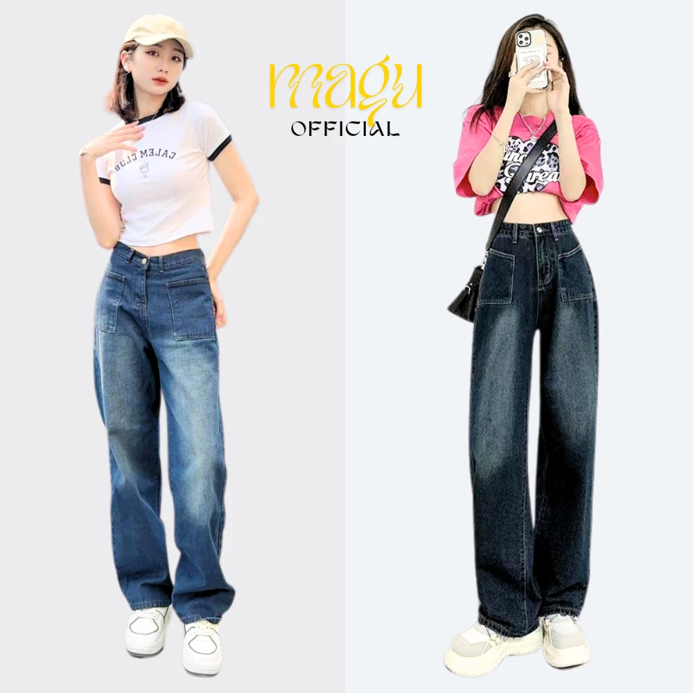 Quần Jean Nữ Ống Suông Rộng có túi trước MAGU,Quần Jean Ống Rộng Màu Retro Wash  Denim co giãn Ulzzang